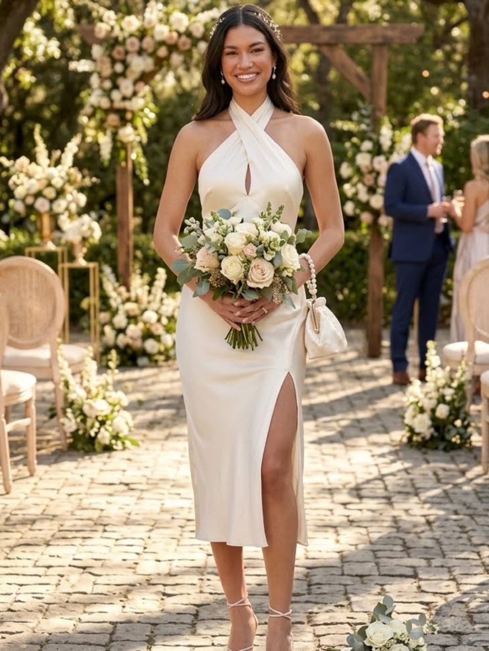 New Lulus Elegant Halter Satin  Dress in Ivory Sz Large